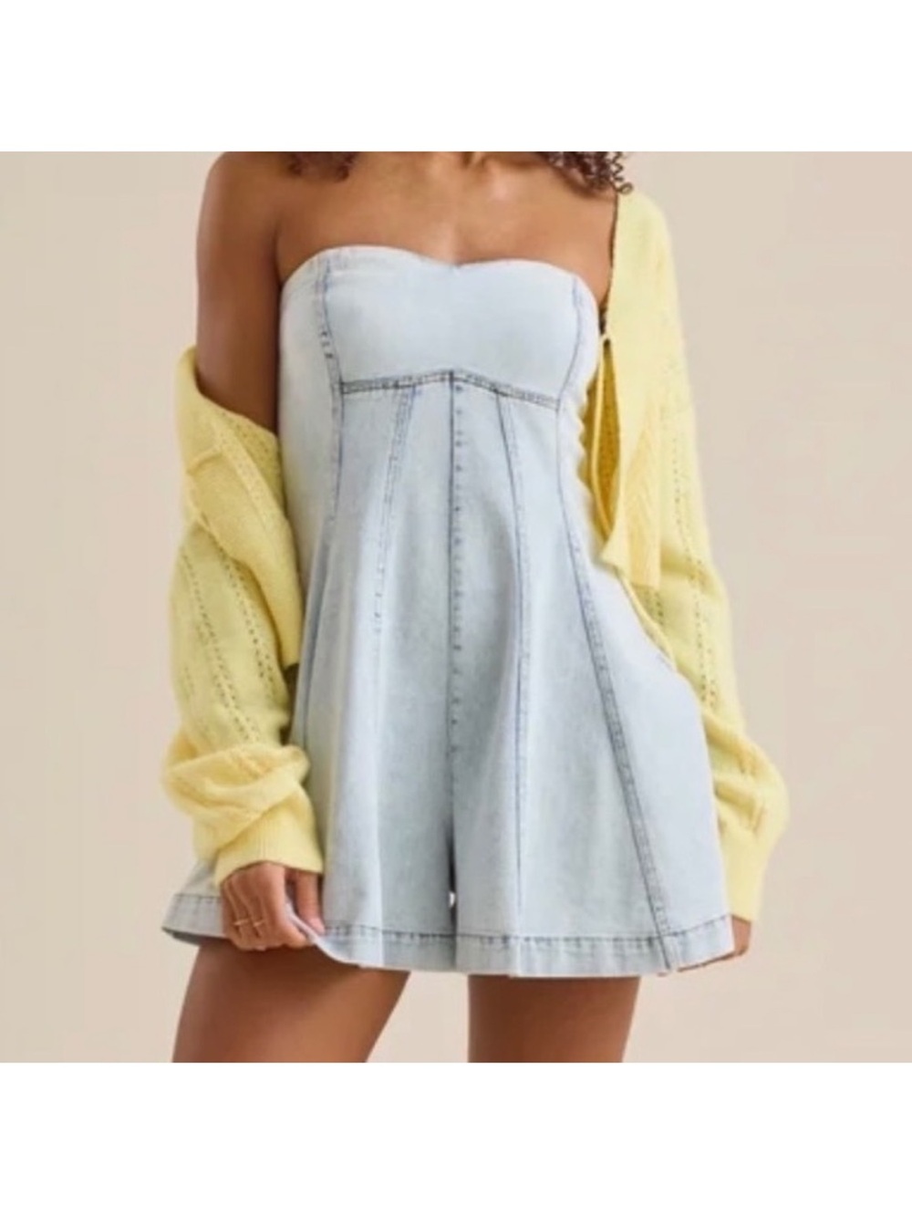 Altar'd State Light Wash Strapless Denim Romper FITS LIKE A LARGE